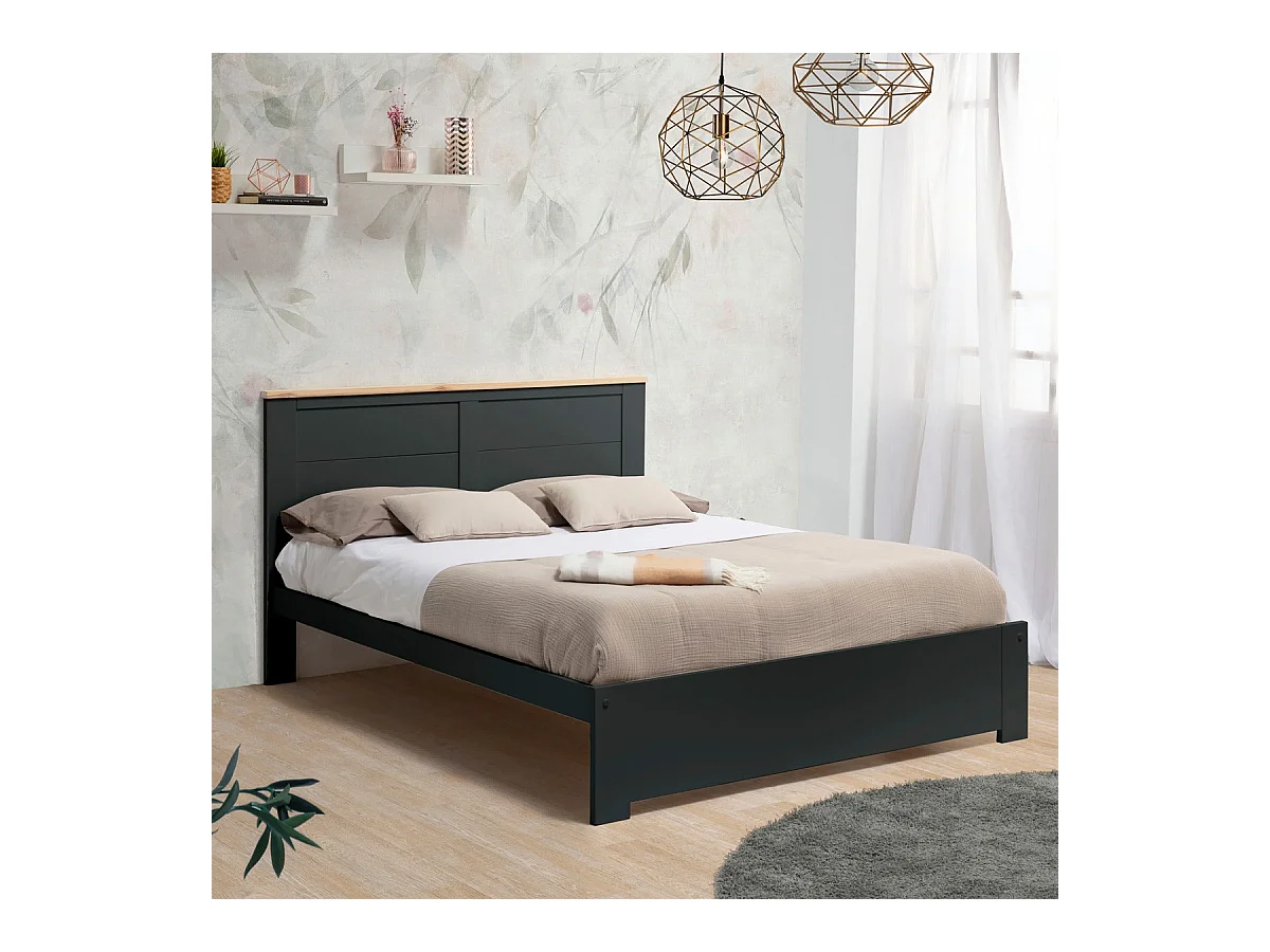 Lit adulte 160x200 cm avec tête de lit en bois gris anthracite - Nevea