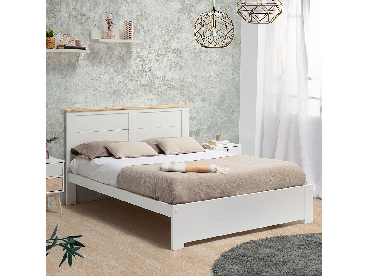 Lit adulte 160x200 cm avec tête de lit en bois blanc - Nevea