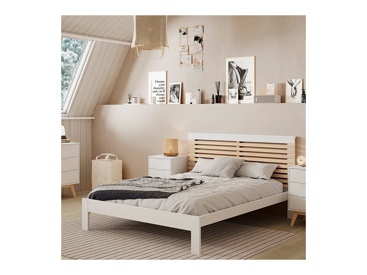 Lit adulte 140x190 cm avec tête de lit à lattes en bois clair / blanc - Lucy