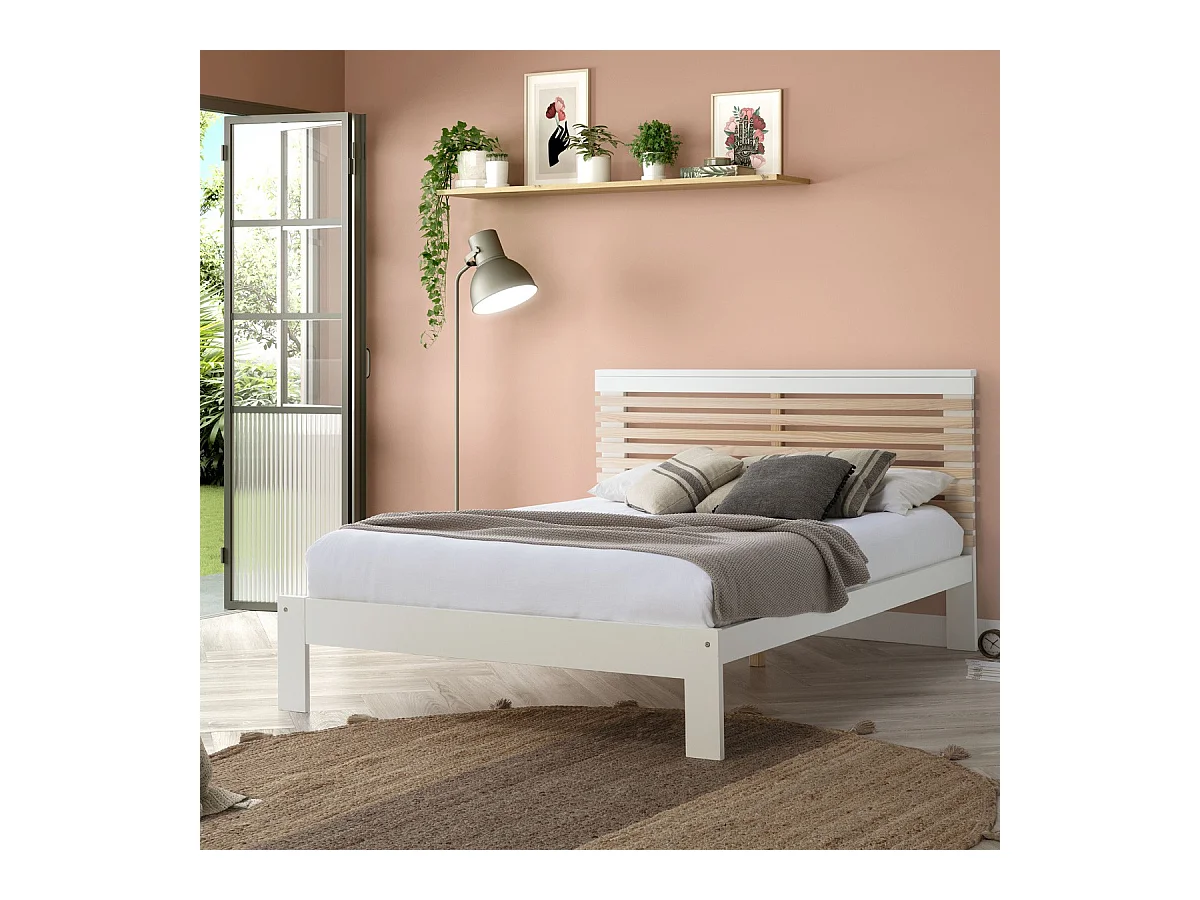 Lit adulte 140x190 cm avec tête de lit à lattes en bois clair / blanc - Lucy
