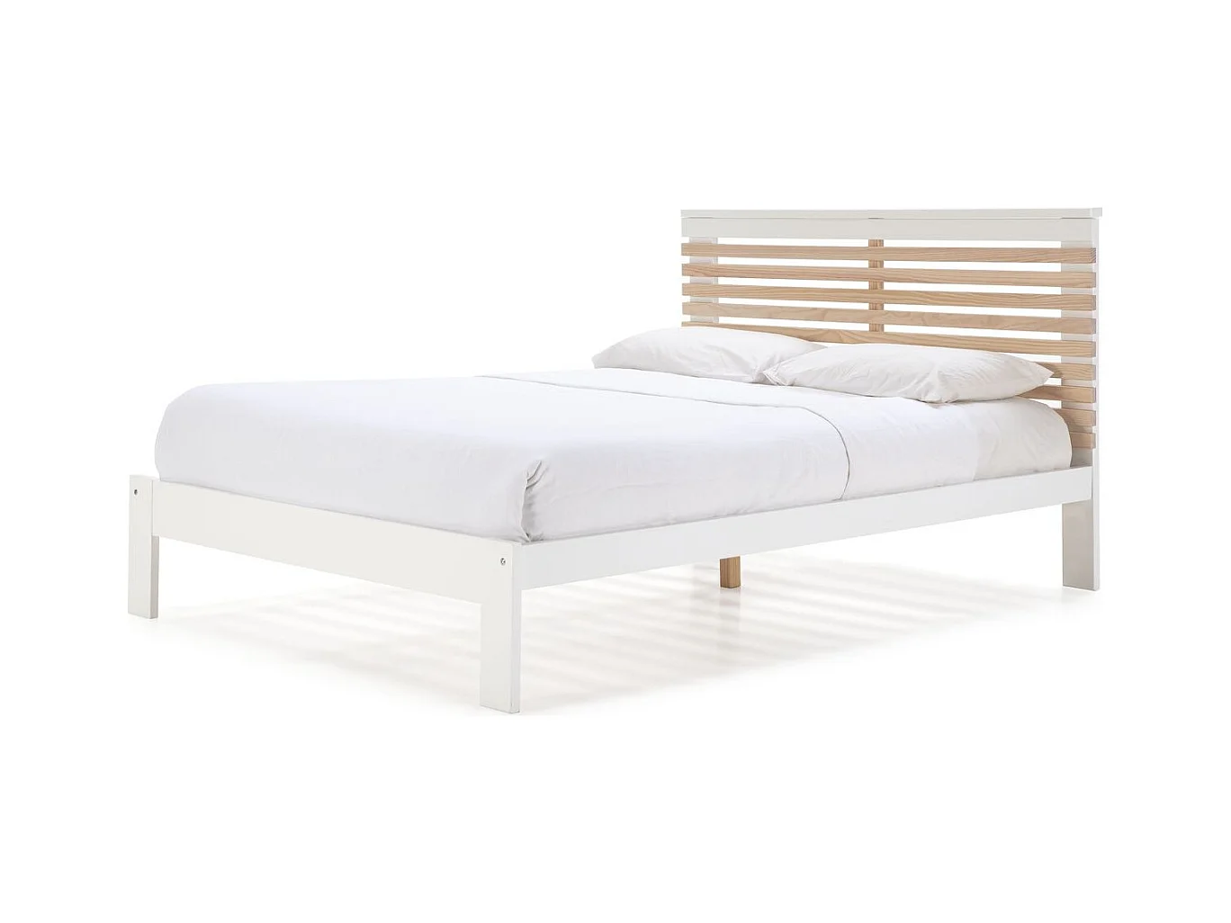 Lit adulte 140x190 cm avec tête de lit à lattes en bois clair / blanc - Lucy
