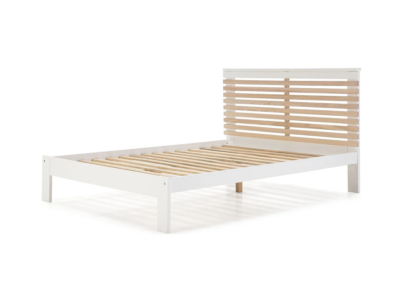 Lit adulte 140x190 cm avec tête de lit à lattes en bois clair / blanc - Lucy