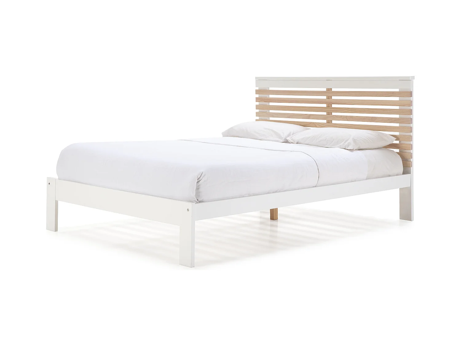 Lit adulte 140x190 cm avec tête de lit à lattes en bois clair / blanc - Lucy