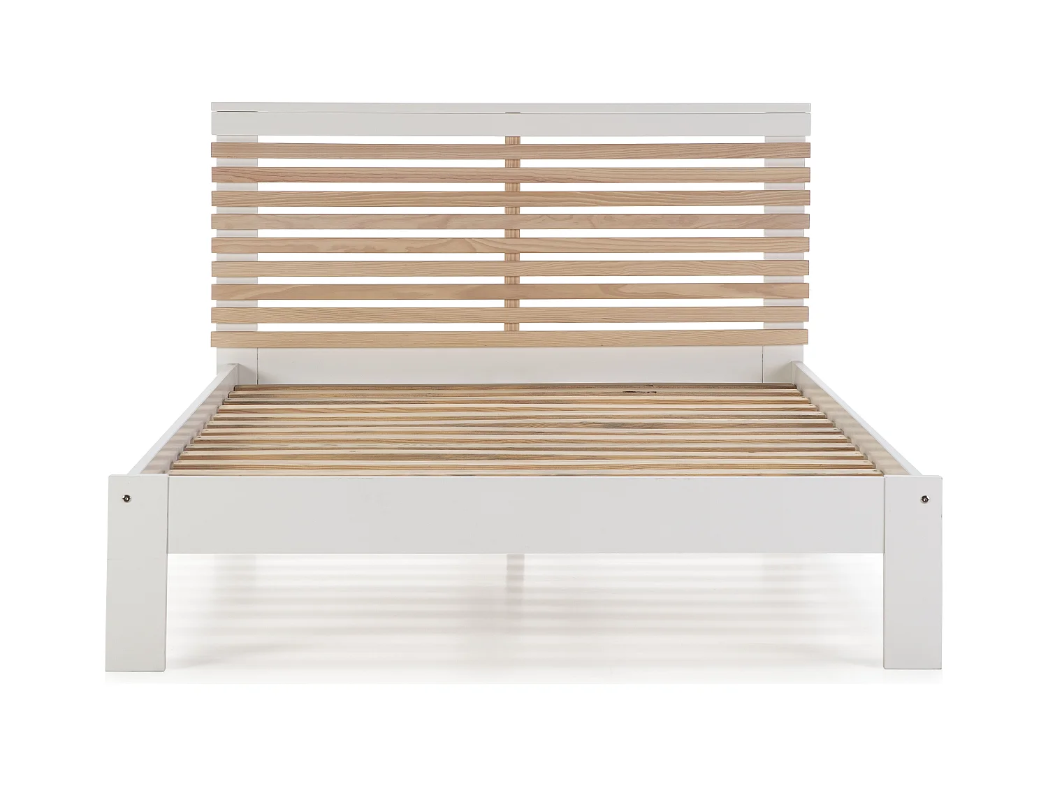 Lit adulte 140x190 cm avec tête de lit à lattes en bois clair / blanc - Lucy