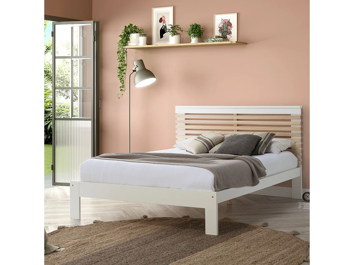 Lit adulte 140x190 cm avec tête de lit à lattes en bois clair / blanc - Lucy