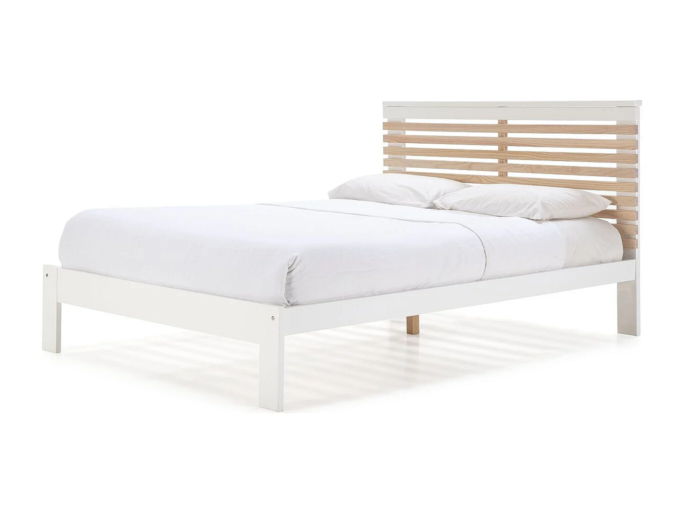 Lit adulte 140x190 cm avec tête de lit à lattes en bois clair / blanc - Lucy