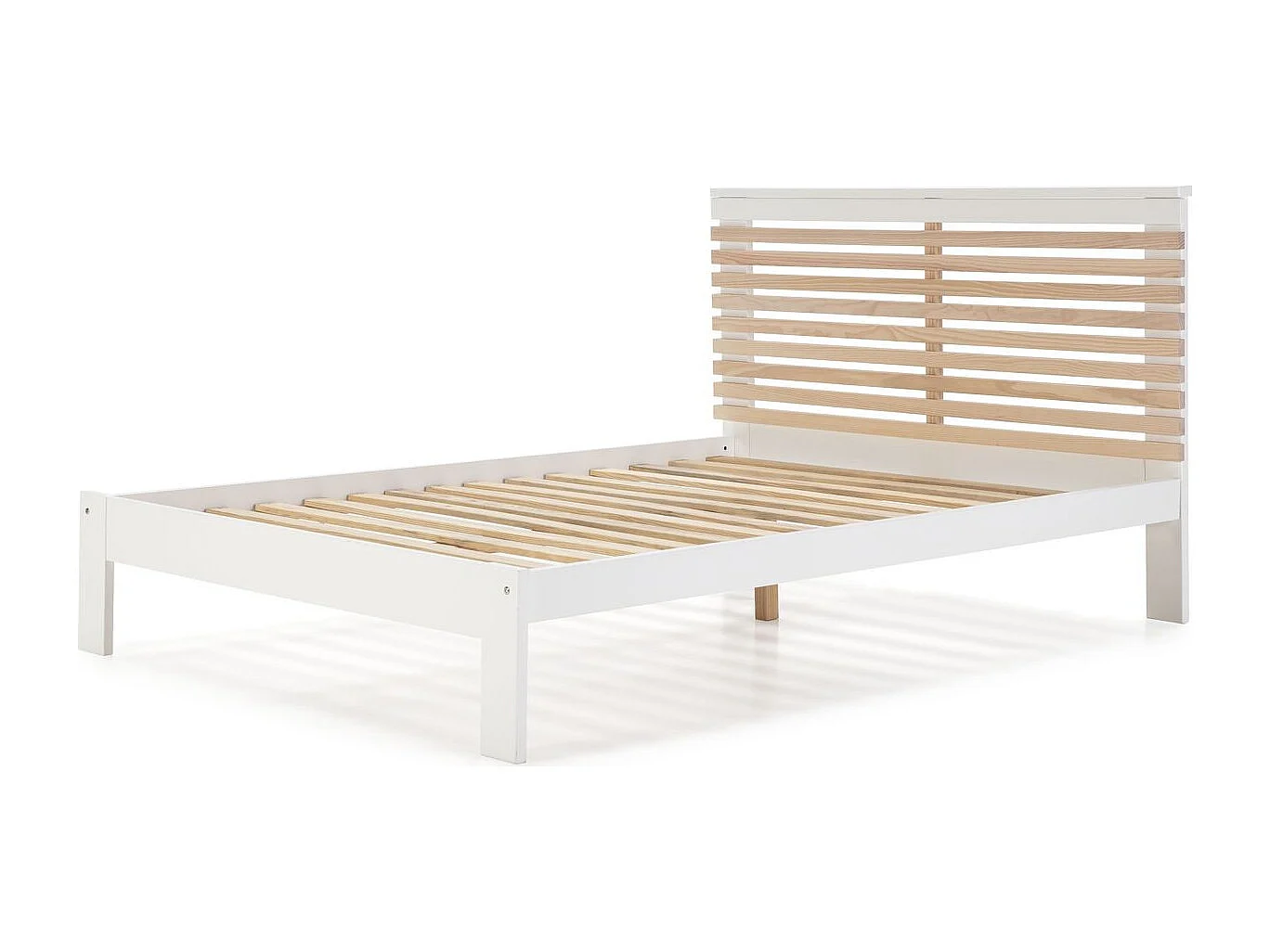 Lit adulte 140x190 cm avec tête de lit à lattes en bois clair / blanc - Lucy