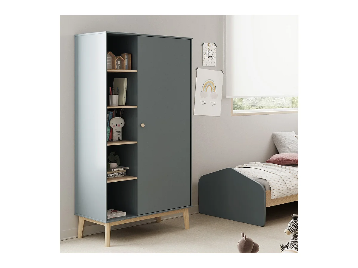 Armoire enfant 1 porte en bois vert kaki 90 cm- Elise