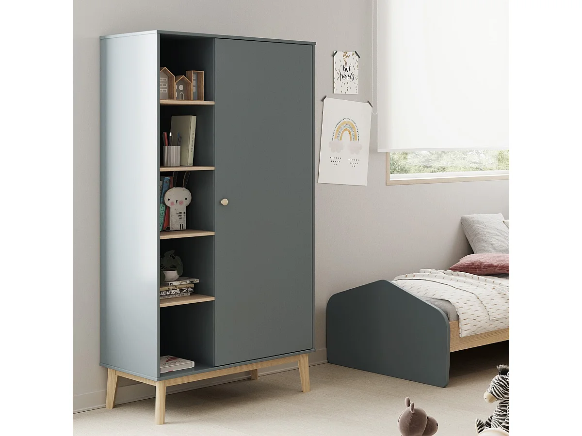 Armoire enfant 1 porte en bois vert kaki 90 cm- Elise