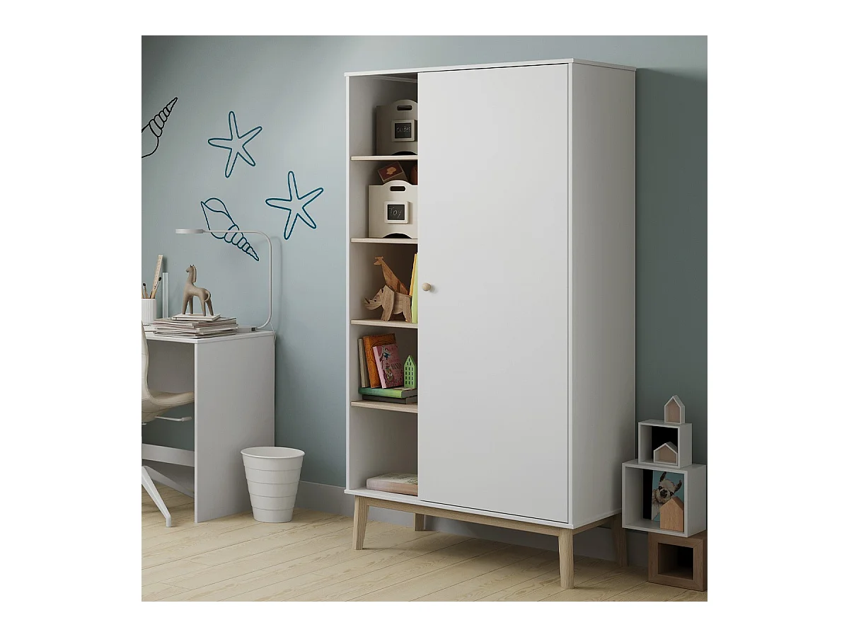 Armoire enfant 1 porte en bois blanc 90 cm - Elise