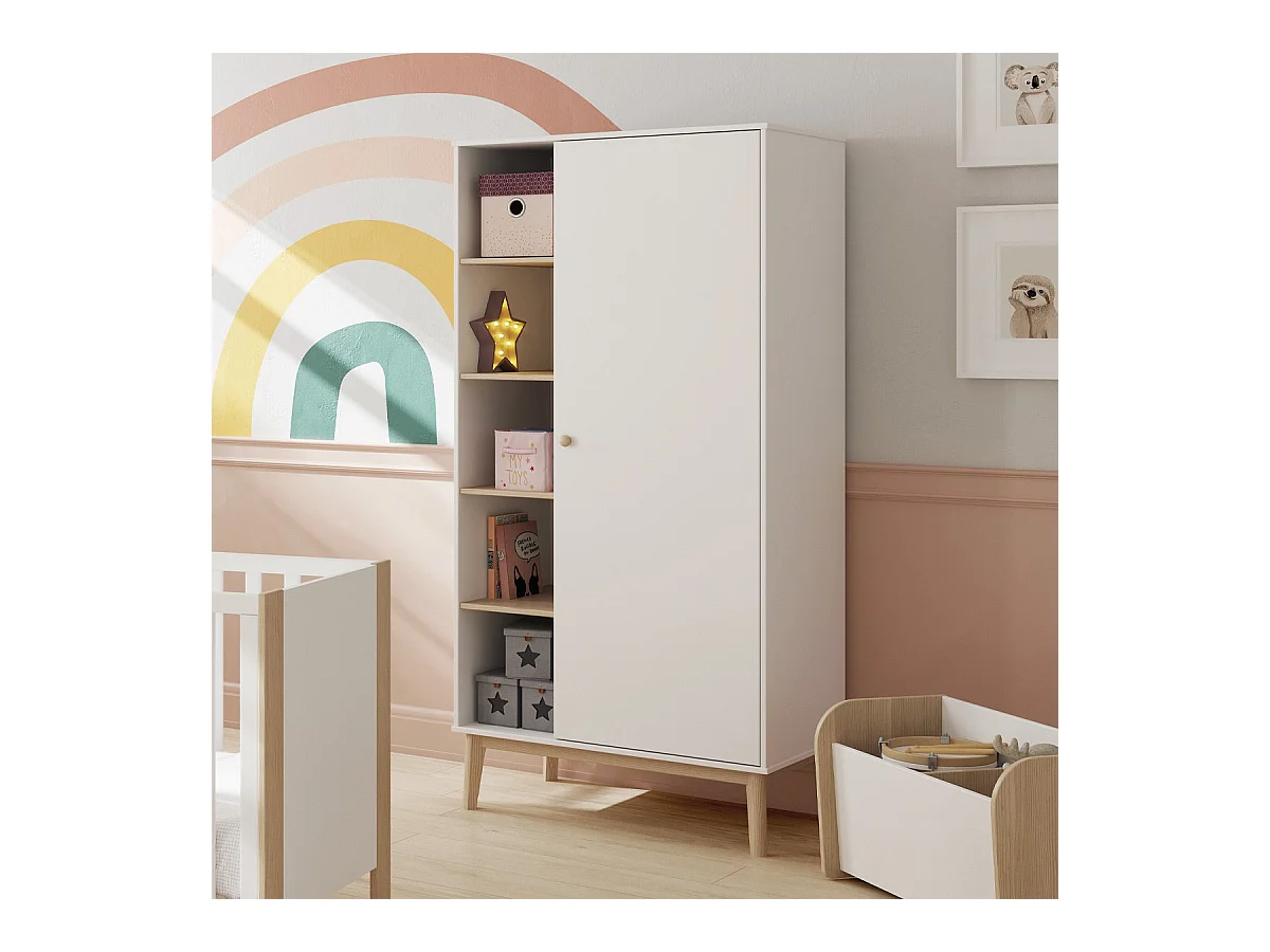Armoire enfant 1 porte en bois blanc 90 cm - Elise