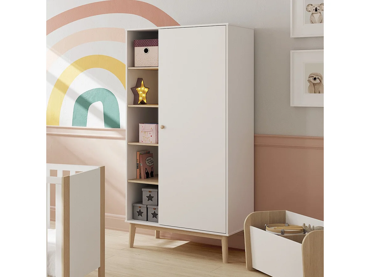 Armoire enfant 1 porte en bois blanc 90 cm - Elise
