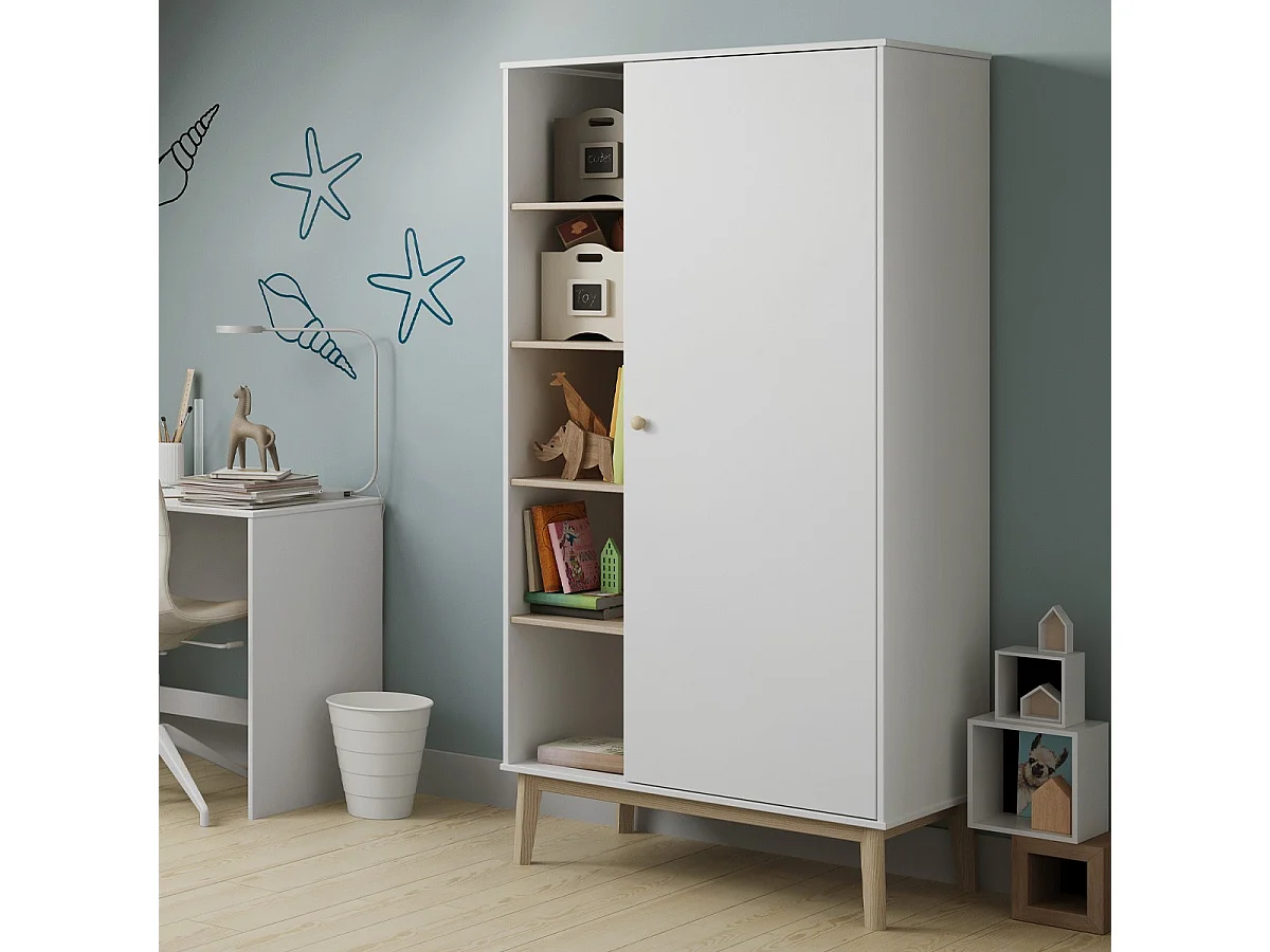 Armoire enfant 1 porte en bois blanc 90 cm - Elise