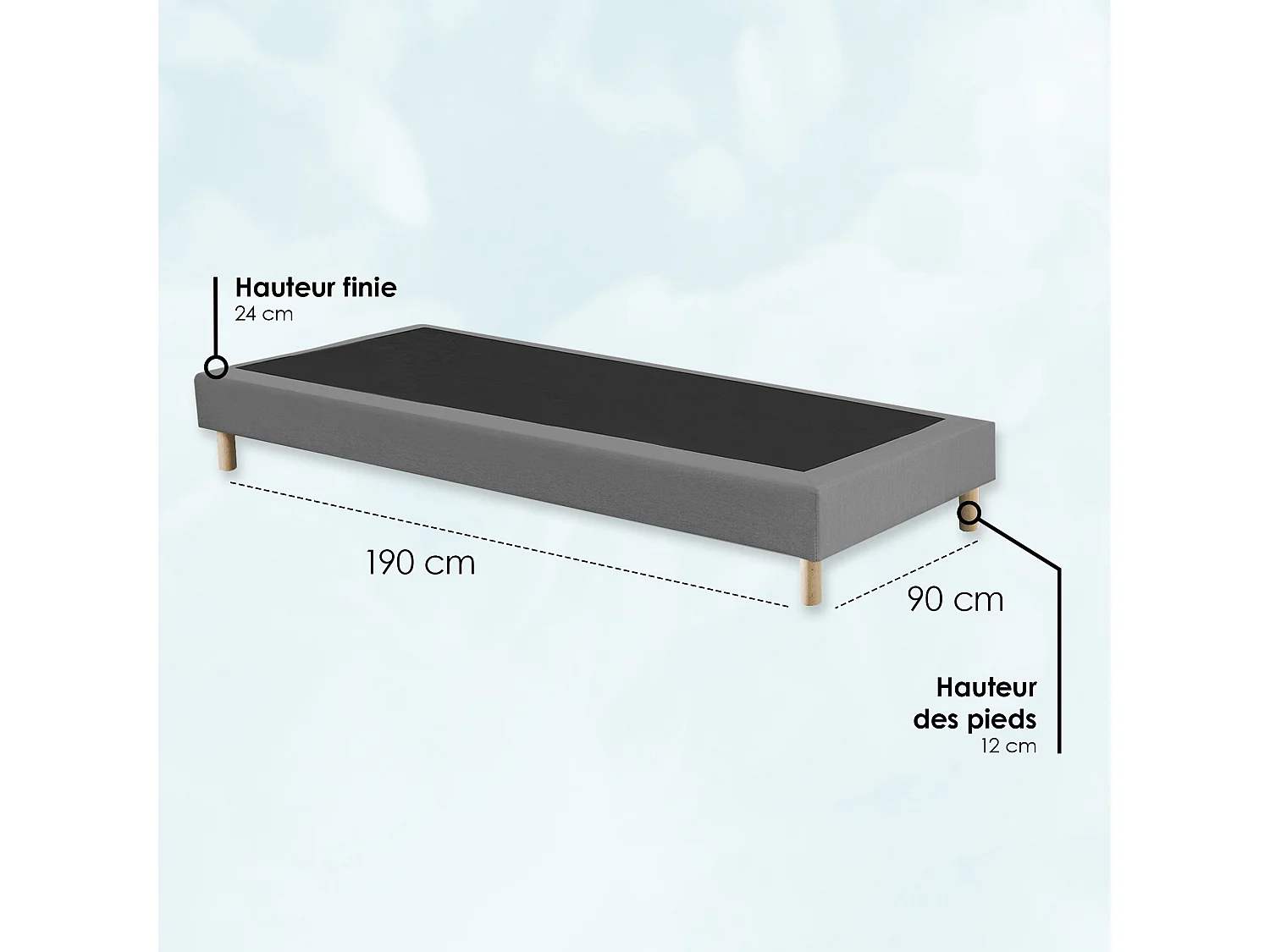 Sommier tapissier à lattes fixes, couchage ferme, soutien optimal Dimensions - 90 x 190 cm, Sommier - Gris chiné