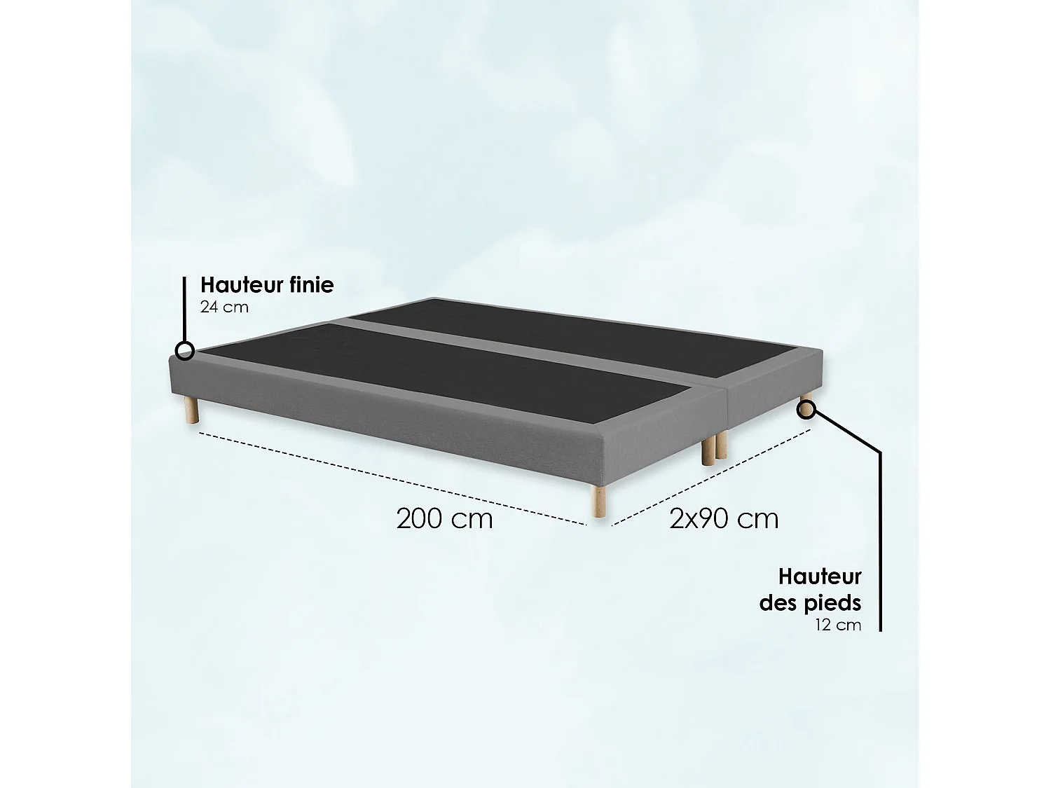 Sommier tapissier à lattes fixes, couchage ferme, soutien optimal Dimensions - 180 x 200 cm, Sommier - Gris chiné