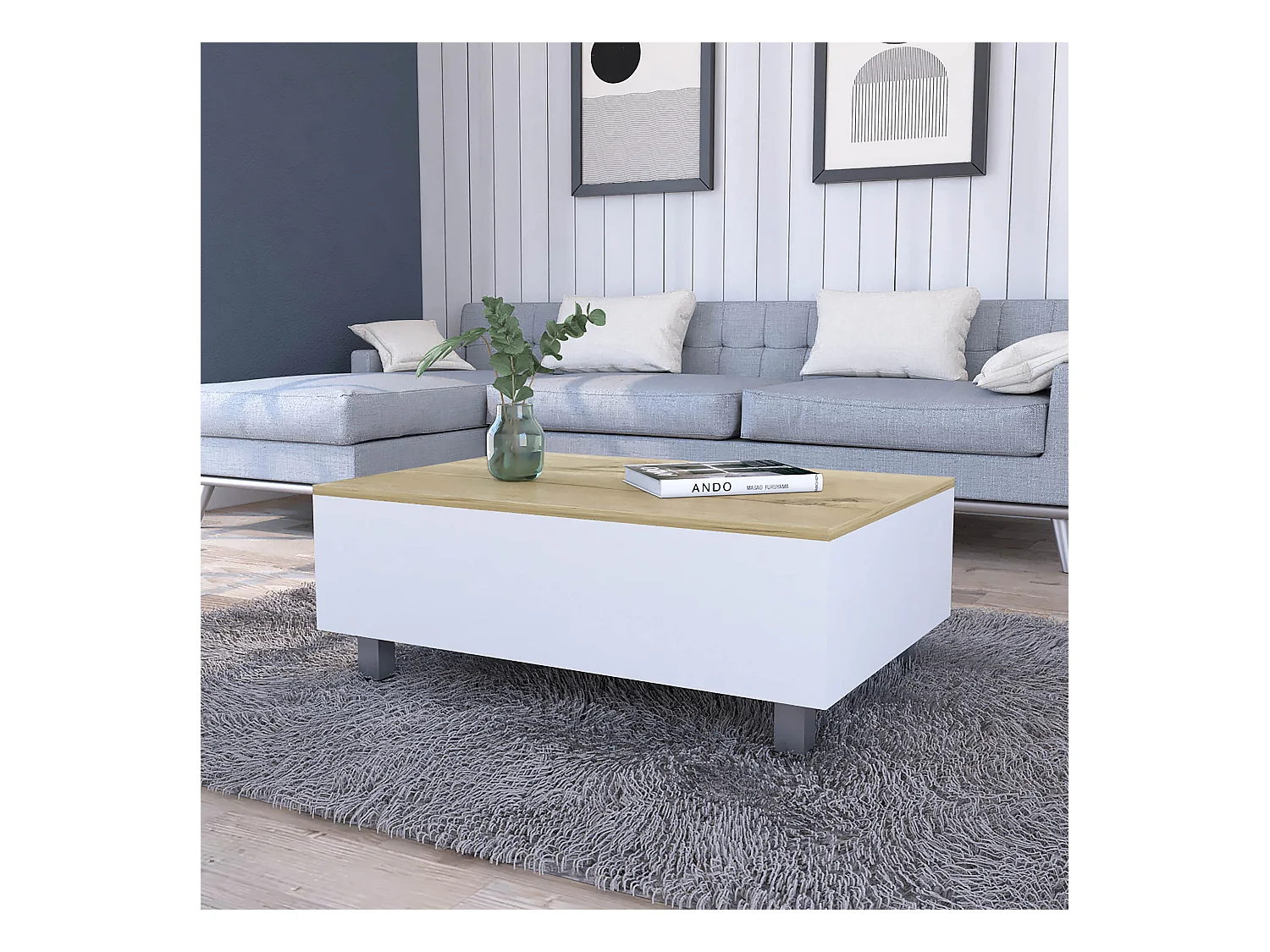 TUHOME Table Basse Relevable Boston, Blanc / Chêne Clair