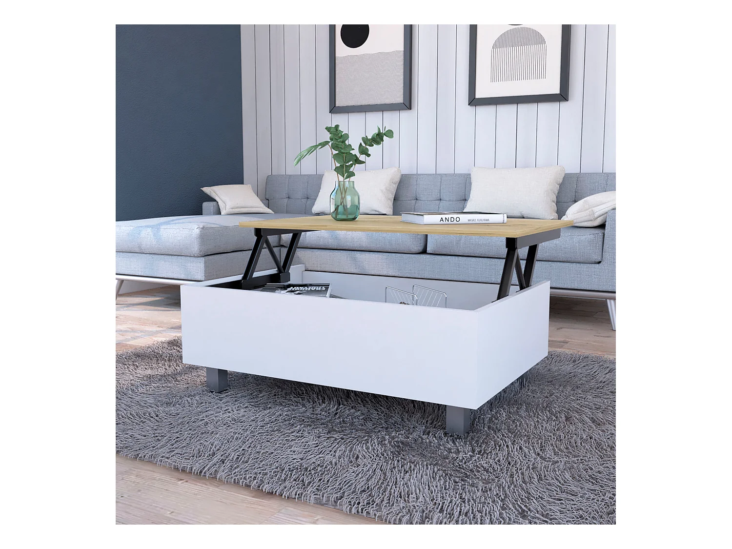 TUHOME Table Basse Relevable Boston, Blanc / Chêne Clair