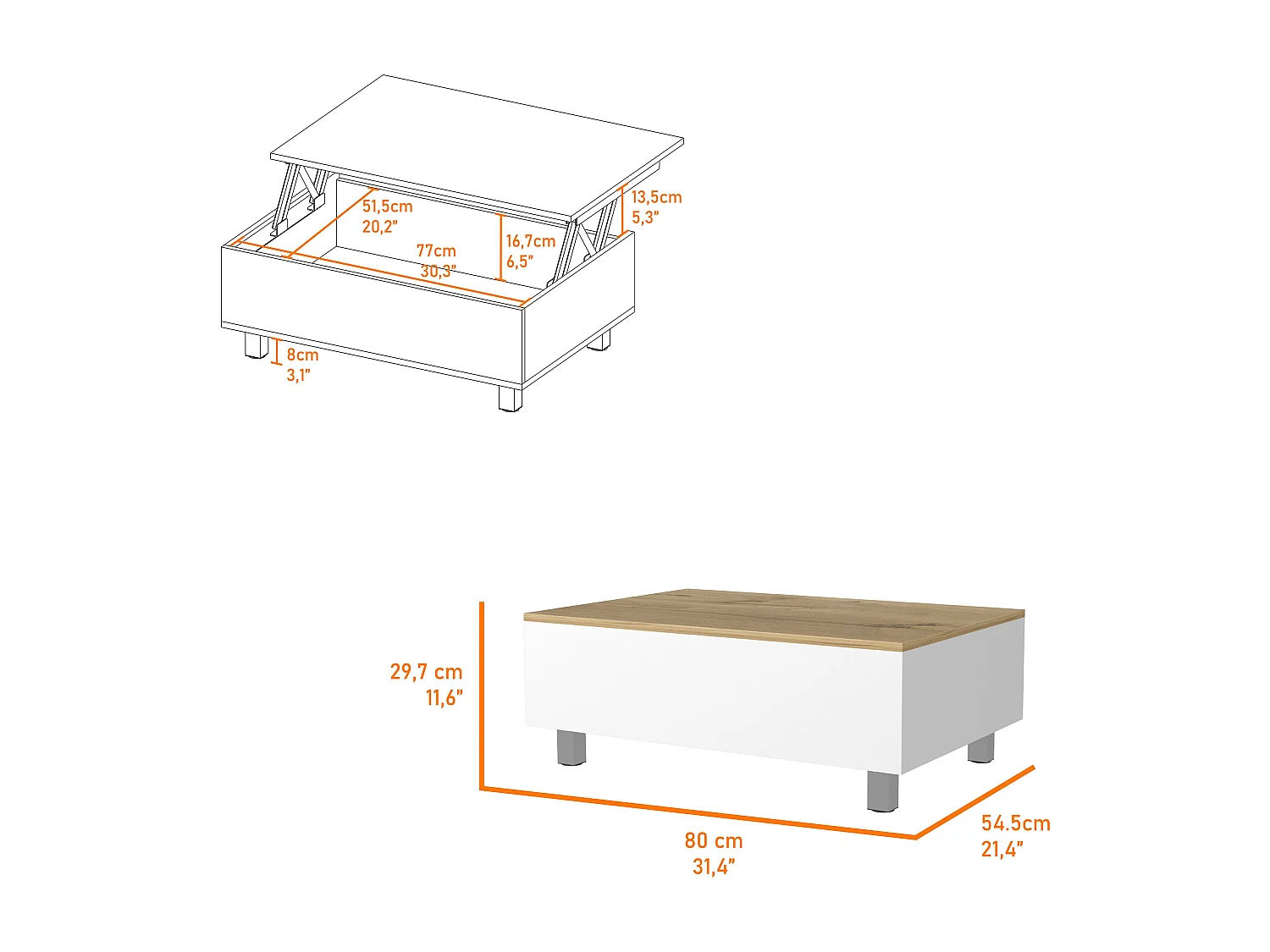 TUHOME Table Basse Relevable Boston, Blanc / Chêne Clair