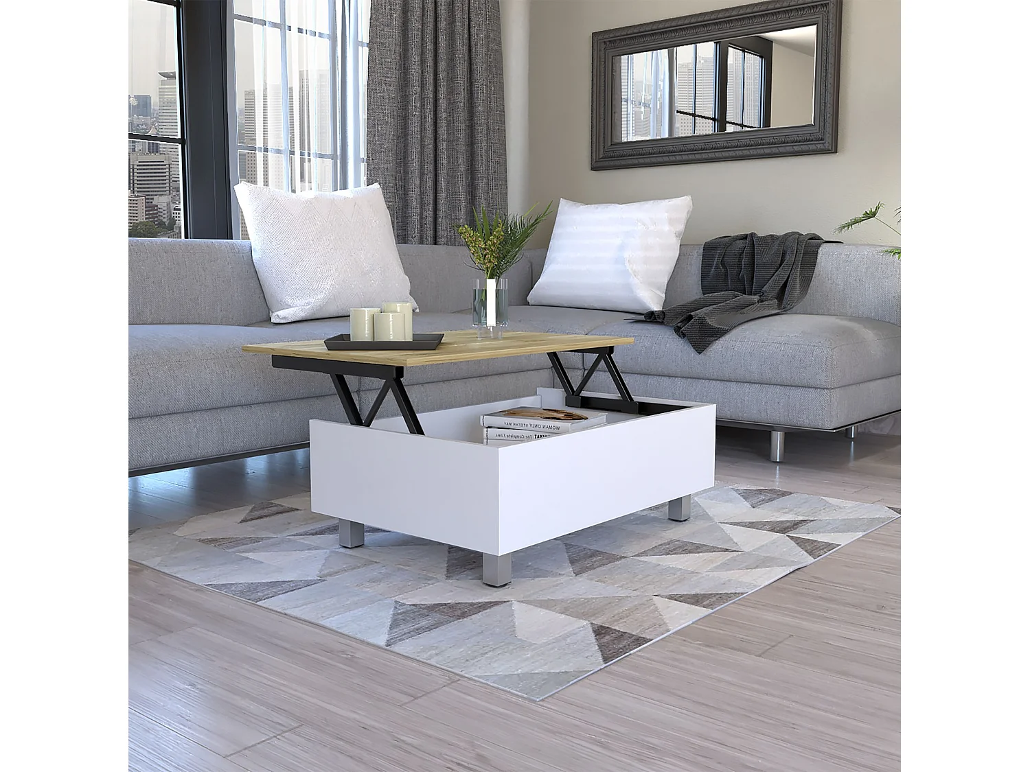TUHOME CONCEPT Tavolino con piano alzabile Gambia da 80 cm, bianco e rovere sabbia