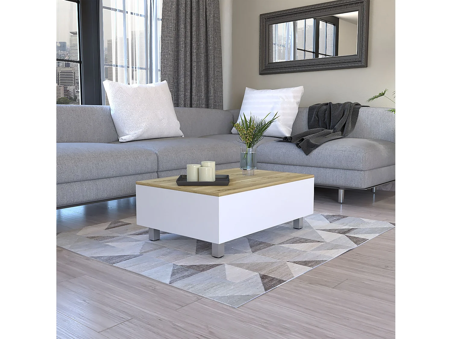 TUHOME CONCEPT Tavolino con piano alzabile Gambia da 80 cm, bianco e rovere sabbia