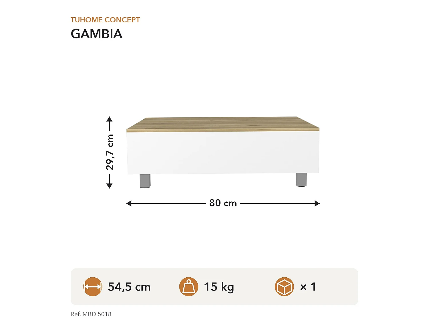 TUHOME CONCEPT Tavolino con piano alzabile Gambia da 80 cm, bianco e rovere sabbia