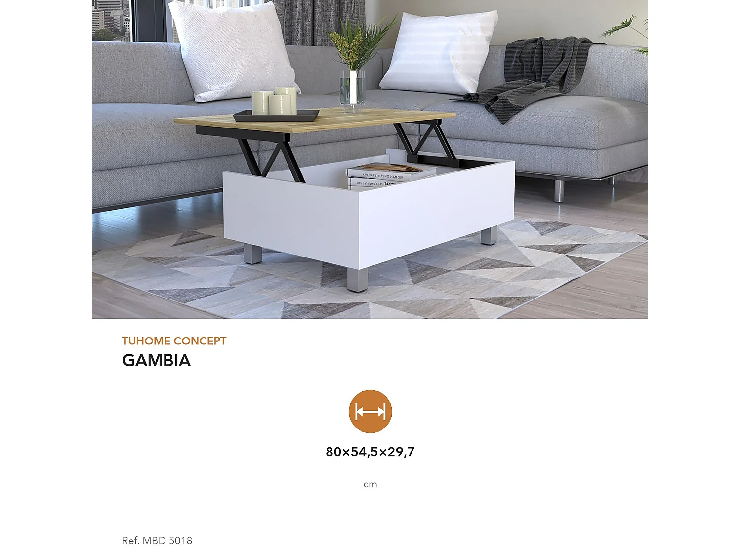 TUHOME CONCEPT Tavolino con piano alzabile Gambia da 80 cm, bianco e rovere sabbia