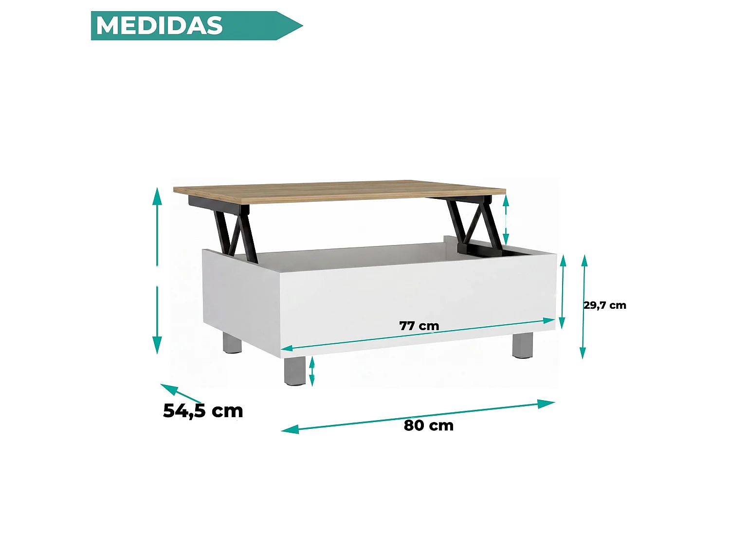 TUHOME CONCEPT Tavolino con piano alzabile Gambia da 80 cm, bianco e rovere sabbia