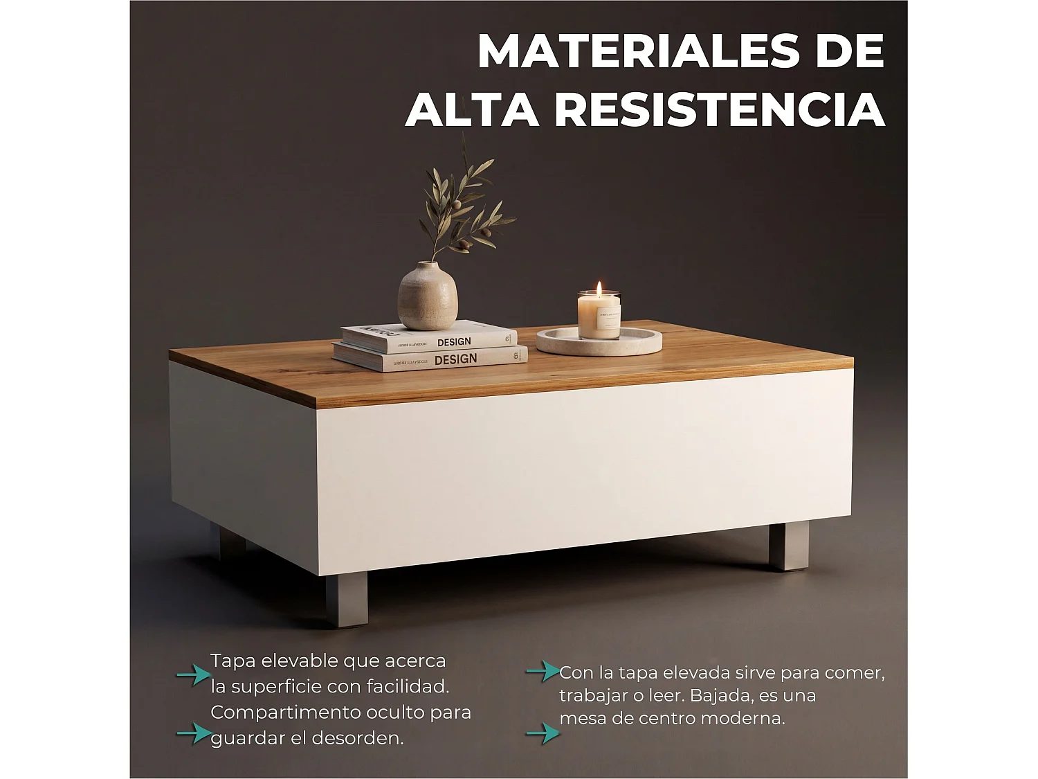 TUHOME CONCEPT Tavolino con piano alzabile Gambia da 80 cm, bianco e rovere sabbia