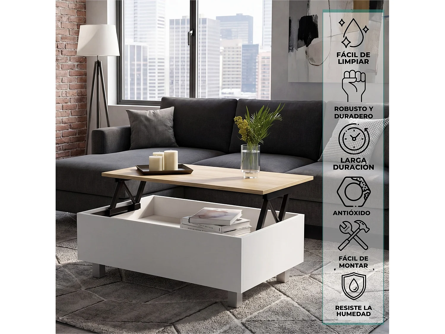 TUHOME CONCEPT Tavolino con piano alzabile Gambia da 80 cm, bianco e rovere sabbia