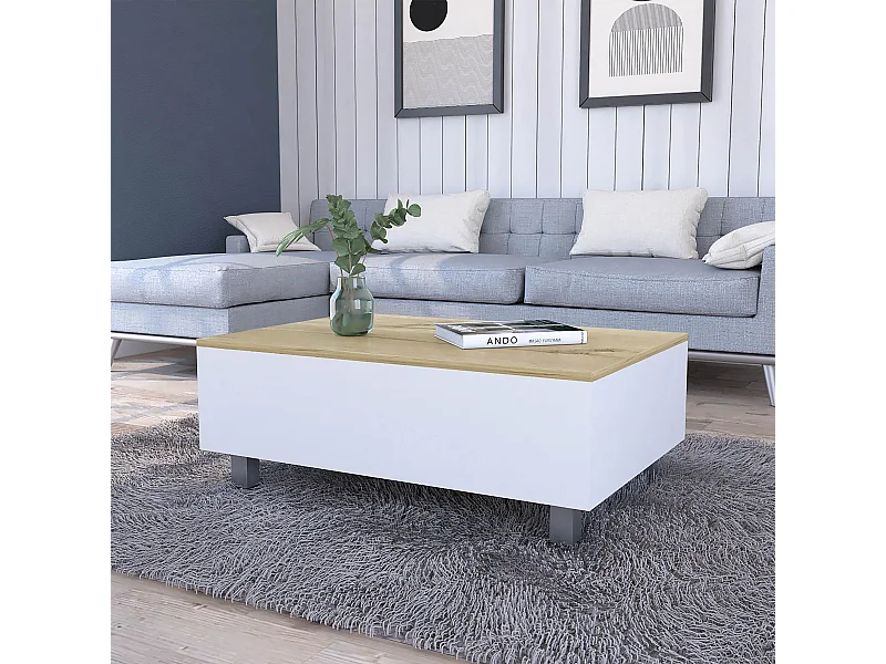 TUHOME Table Basse Relevable Boston, Blanc / Chêne Clair