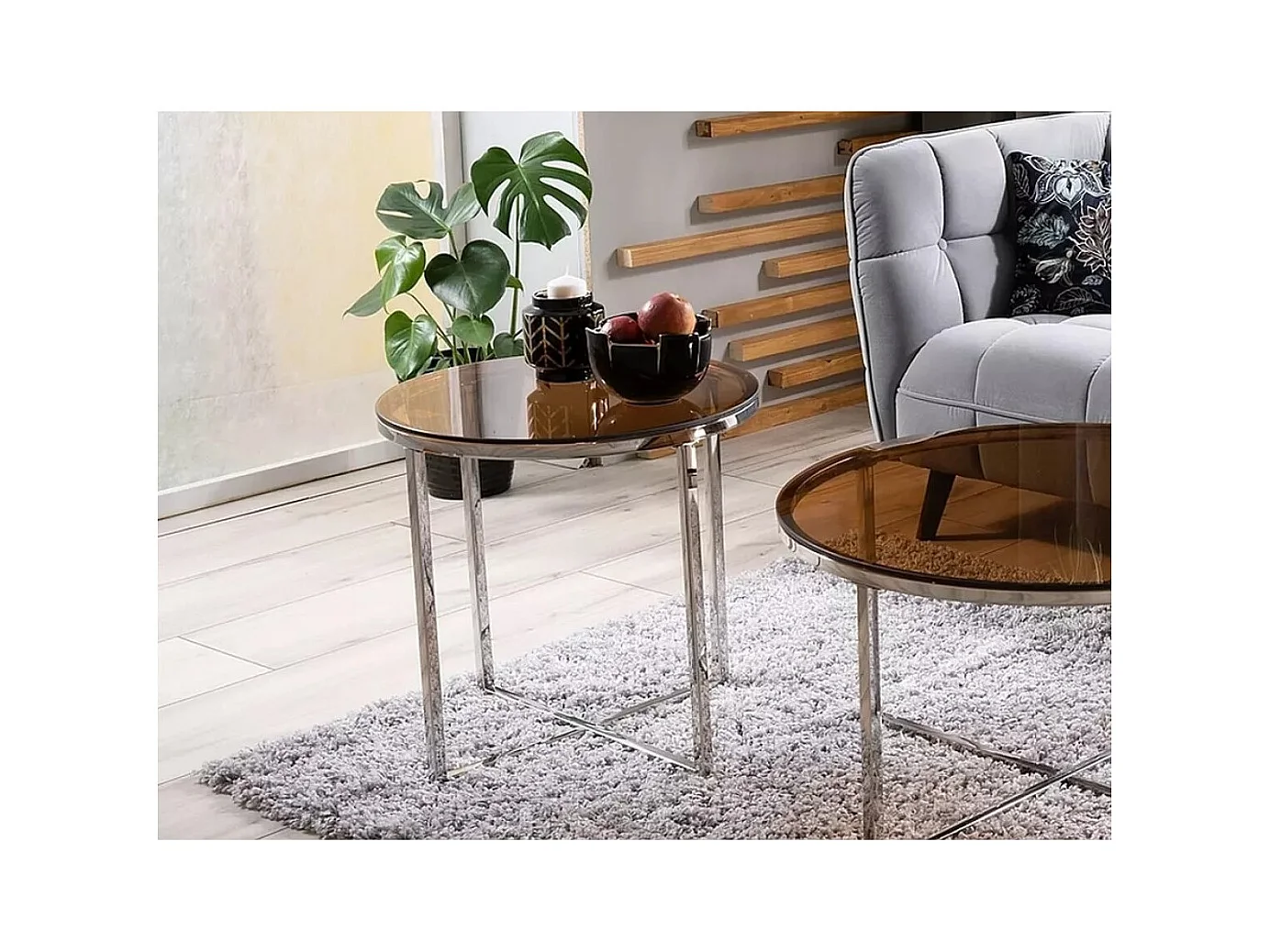 Tavolino da caffè in cristallo/vetro/marrone e argento