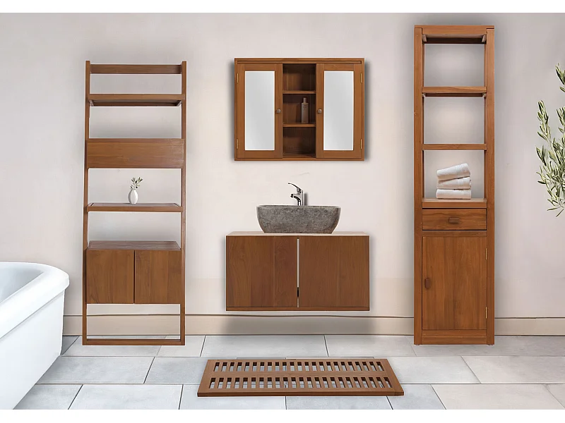 Set da bagno MCW-M86, mobile lavabo, 2 scaffali alti, armadietto con specchio, tappetino, teak di alta qualità classe B