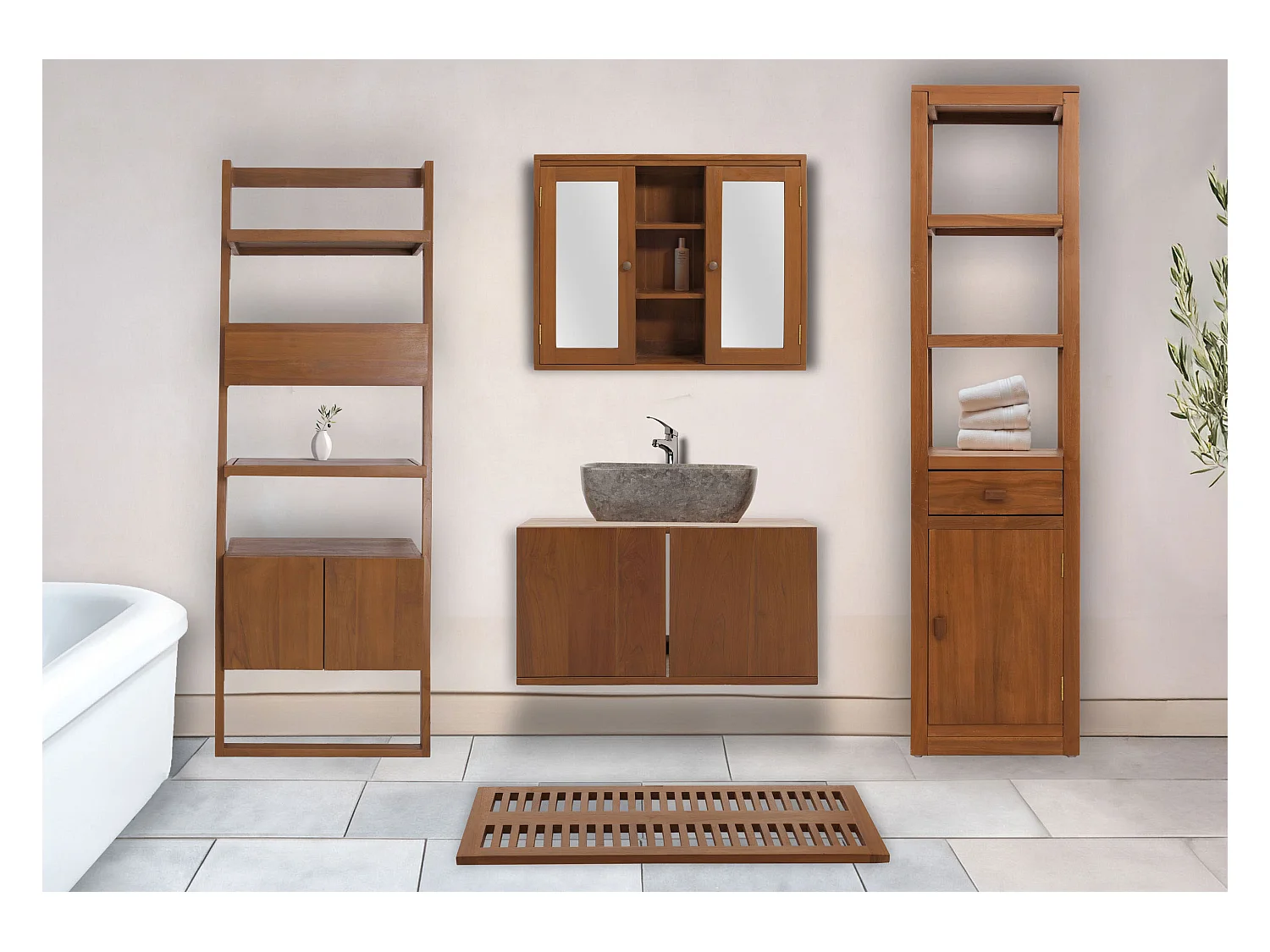 Set da bagno MCW-M86, mobile lavabo, 2 scaffali alti, armadietto con specchio, tappetino, teak di alta qualità classe B