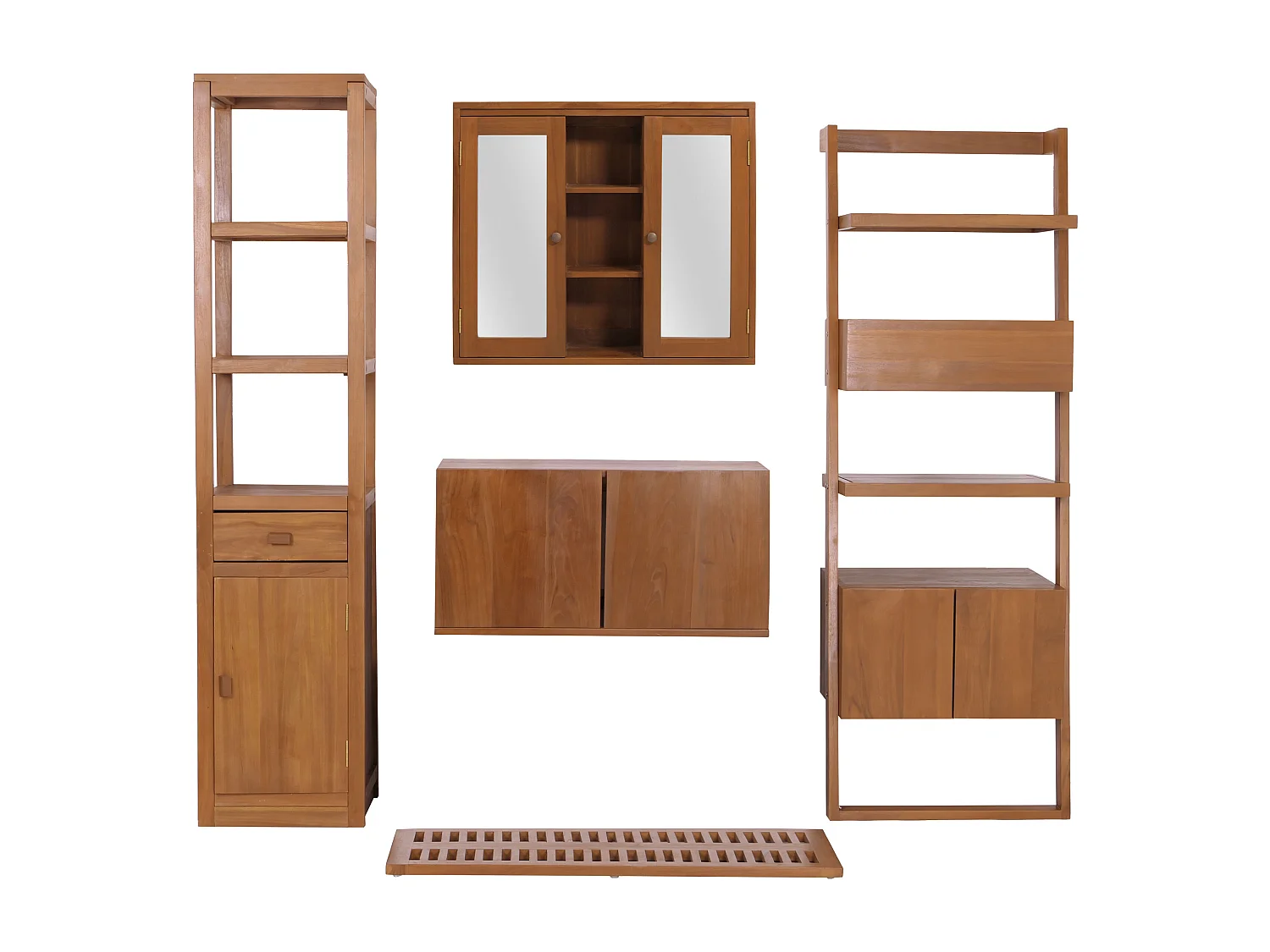 Set da bagno MCW-M86, mobile lavabo, 2 scaffali alti, armadietto con specchio, tappetino, teak di alta qualità classe B