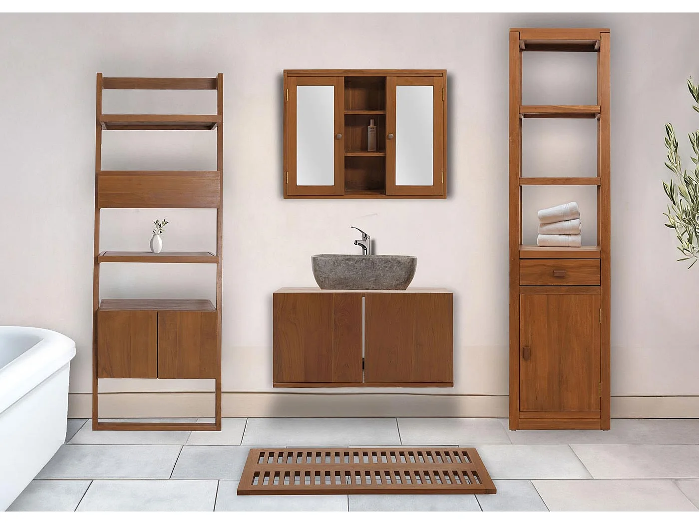 Set da bagno MCW-M86, mobile lavabo, 2 scaffali alti, armadietto con specchio, tappetino, teak di alta qualità classe B