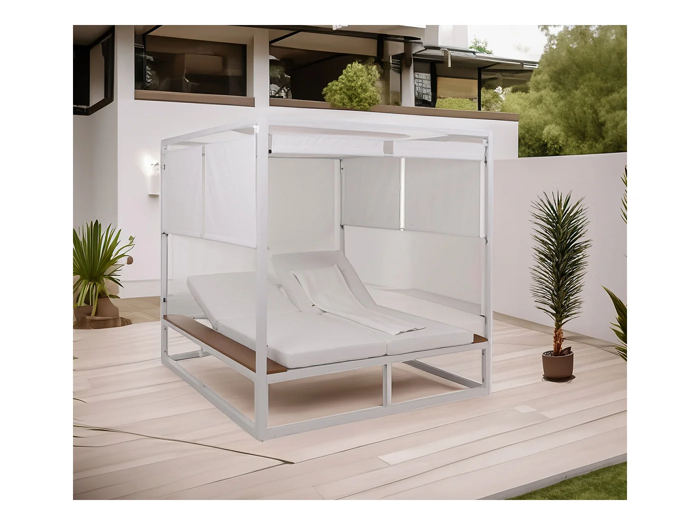 Lettino doppio reclinabile da esterno con parasole MCW-M63b XL Bali 200x200x200cm alluminio tessuto bianco avorio