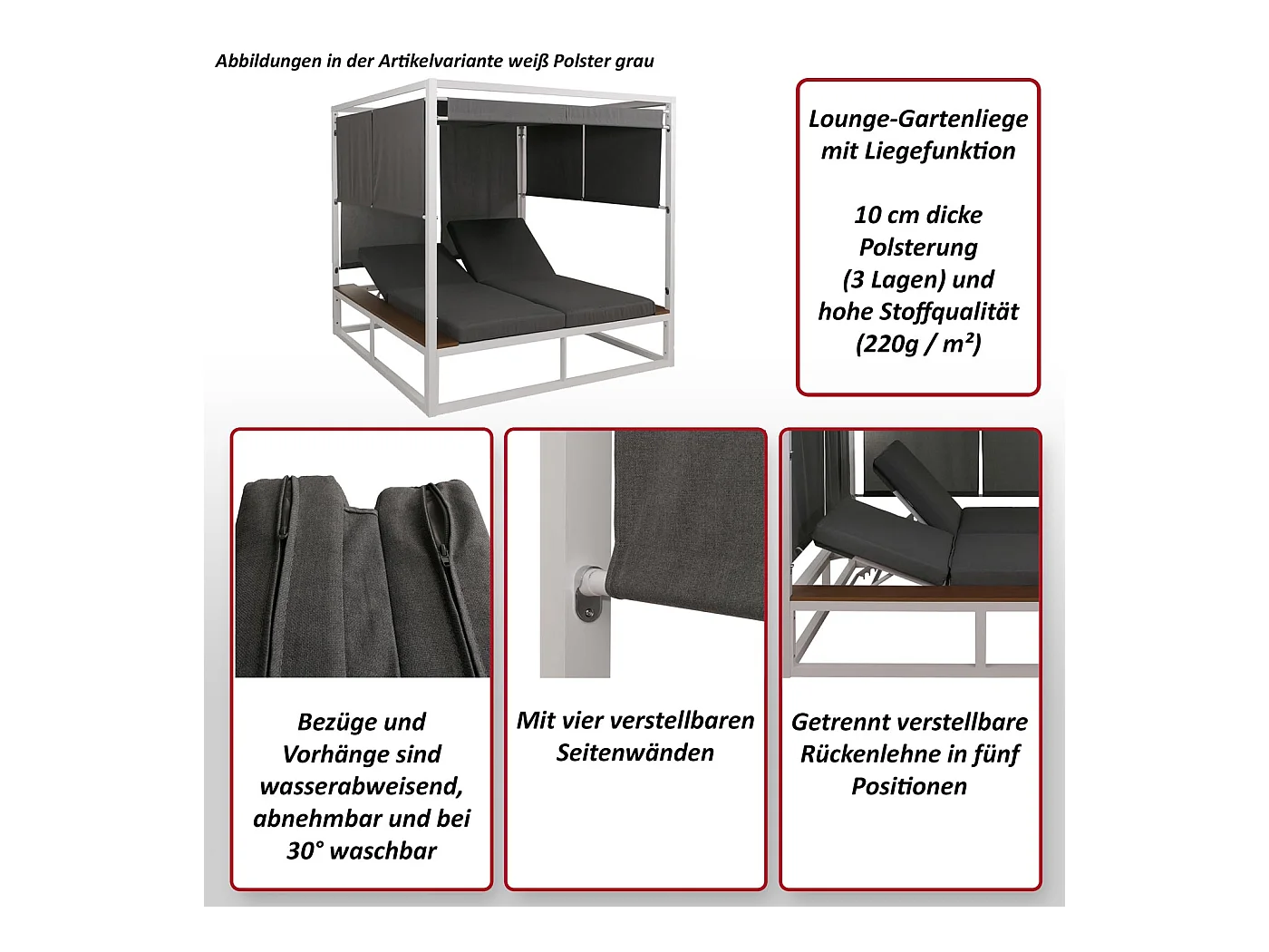 Lettino doppio reclinabile da esterno con parasole MCW-M63b XL Bali 200x200x200cm alluminio tessuto bianco avorio