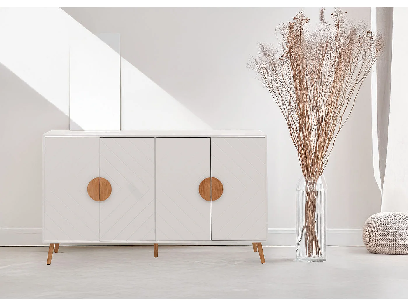 Credenza MCW-N89, mobile cassettiera, motivo a spina di pesce in legno melaminico, 88x150x40cm ~ bianco