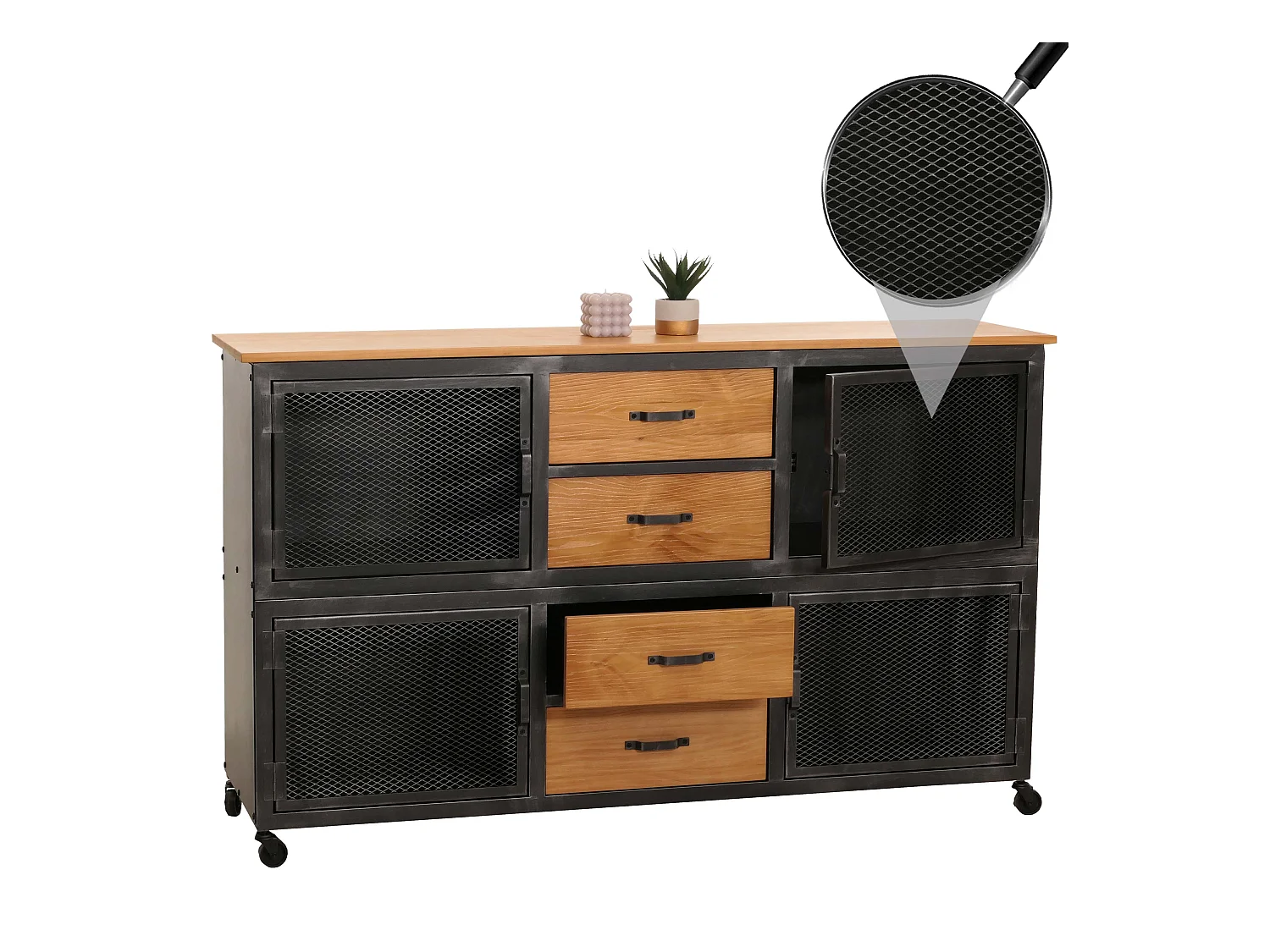 Cassettiera credenza MCW-N28, con ruote 4 cassetti, 3D industriale retrò metallo legno 90x150x40cm ~ nero, naturale