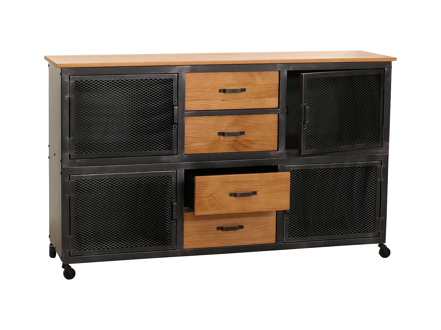 Cassettiera credenza MCW-N28, con ruote 4 cassetti, 3D industriale retrò metallo legno 90x150x40cm ~ nero, naturale
