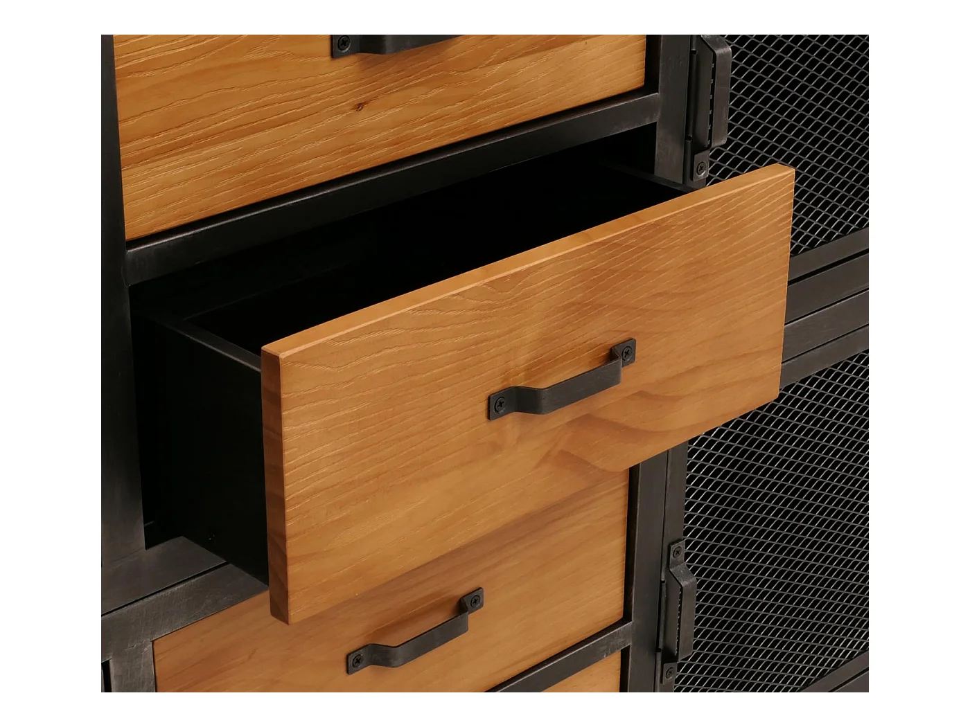 Cassettiera credenza MCW-N28, con ruote 4 cassetti, 3D industriale retrò metallo legno 90x150x40cm ~ nero, naturale