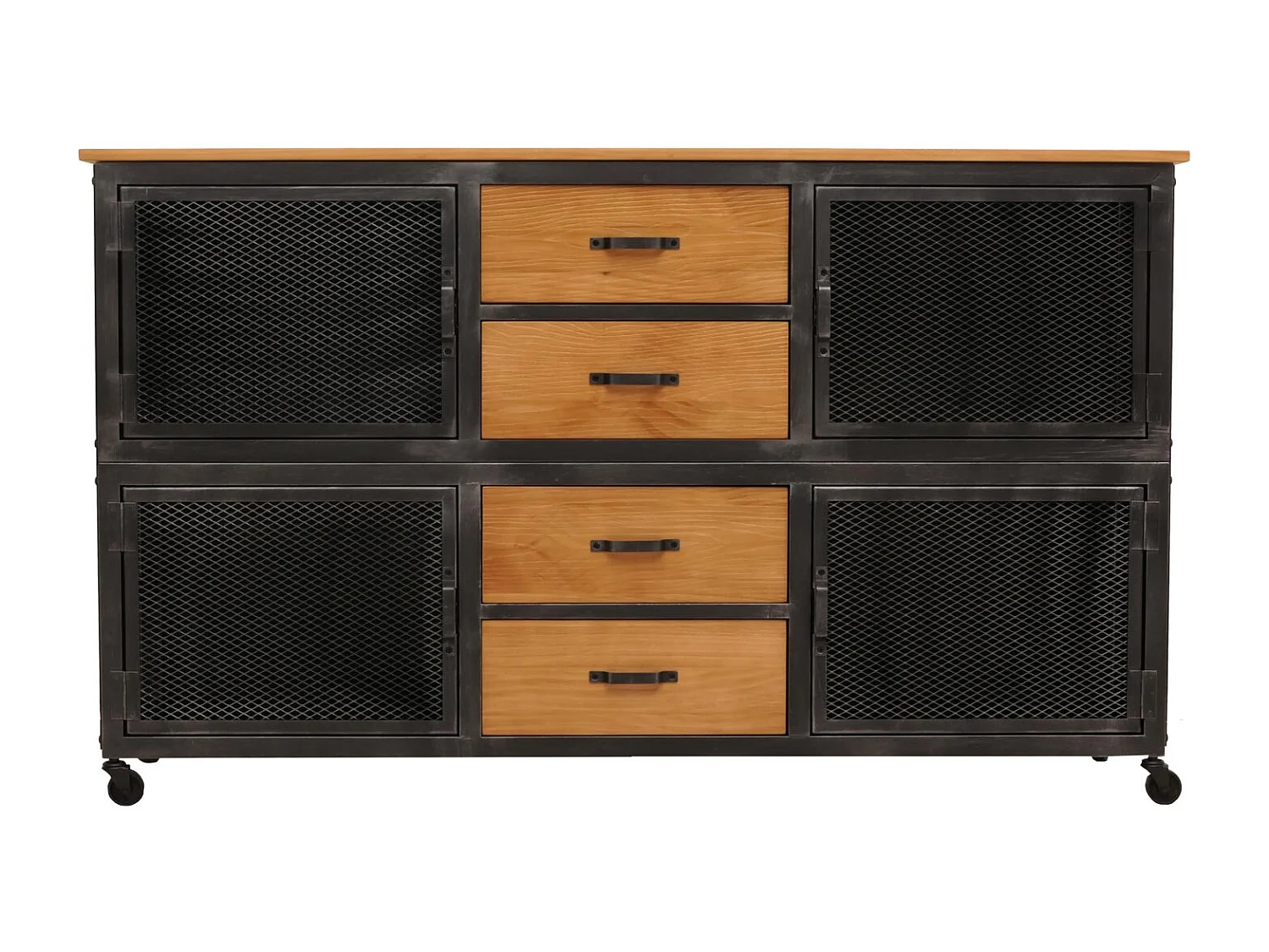 Cassettiera credenza MCW-N28, con ruote 4 cassetti, 3D industriale retrò metallo legno 90x150x40cm ~ nero, naturale