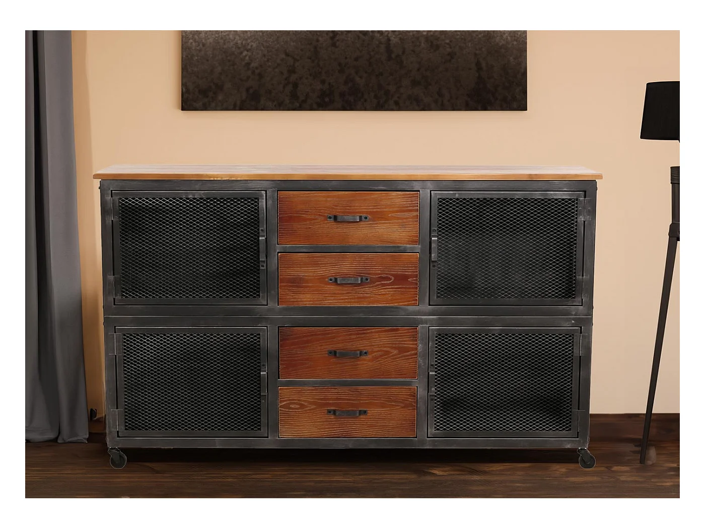Cassettiera credenza MCW-N28, con ruote 4 cassetti, 3D industriale retrò metallo legno 90x150x40cm ~ nero, naturale
