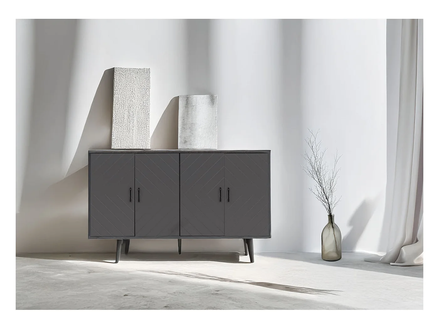Credenza MCW-N89, mobile cassettiera, motivo a spina di pesce in legno melaminico, 88x150x40cm ~ aspetto marmo grigio