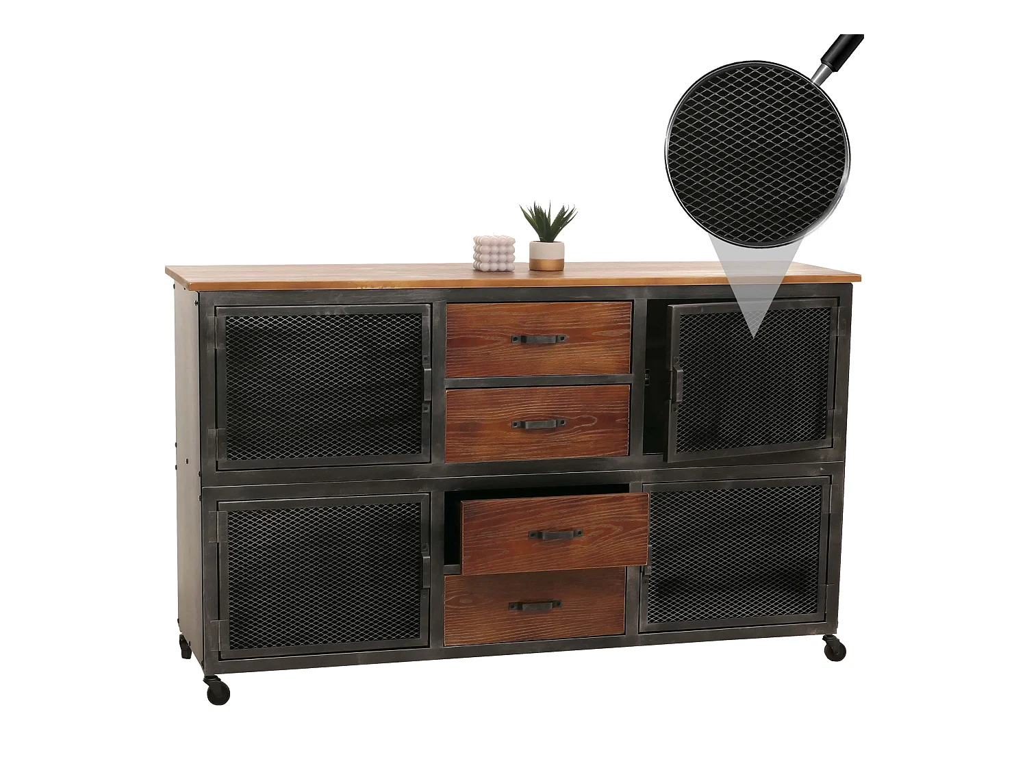 Cassettiera credenza MCW-N28, con ruote 4 cassetti, 3D industriale retrò metallo legno 90x150x40cm ~ nero, marrone