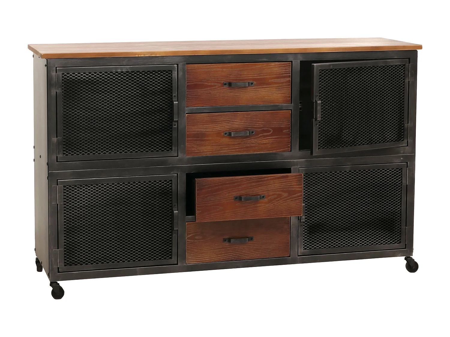 Cassettiera credenza MCW-N28, con ruote 4 cassetti, 3D industriale retrò metallo legno 90x150x40cm ~ nero, marrone