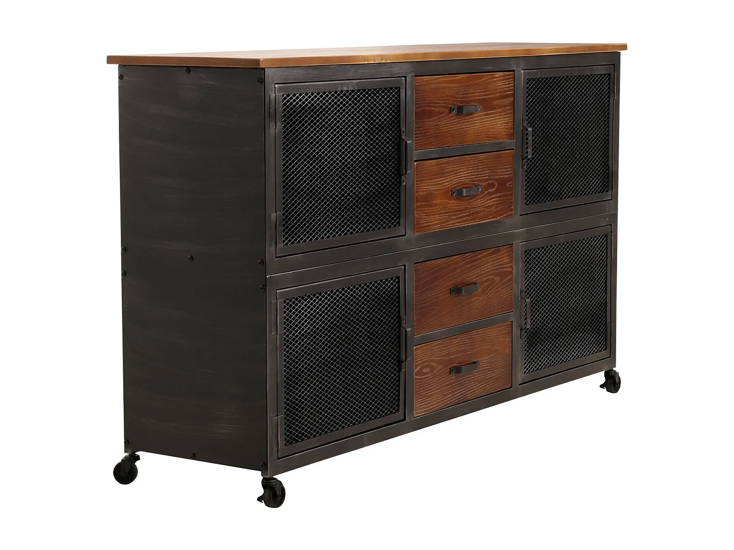 Cassettiera credenza MCW-N28, con ruote 4 cassetti, 3D industriale retrò metallo legno 90x150x40cm ~ nero, marrone