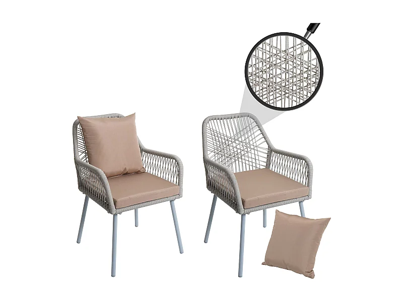Set 2 sedie da giardino MCW-O12, da esterno alluminio intrecciato a corda Rope ~ grigio chiaro, cuscini taupe