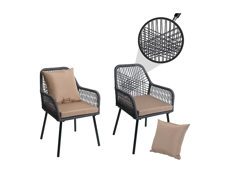 Set 2 sedie da giardino MCW-O12, da esterno alluminio intrecciato a corda Rope ~ antracite, cuscini taupe