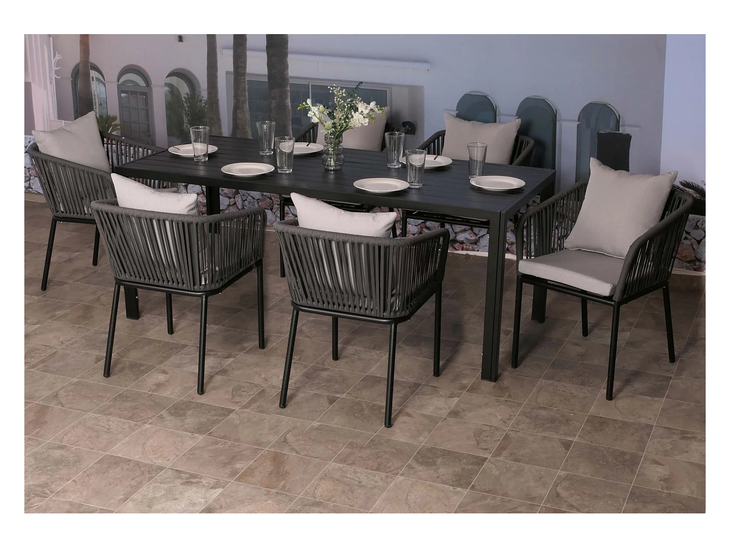 Gartengarnitur MCW-N41 (7-teilig), Anthrazit Kissen hellgrau